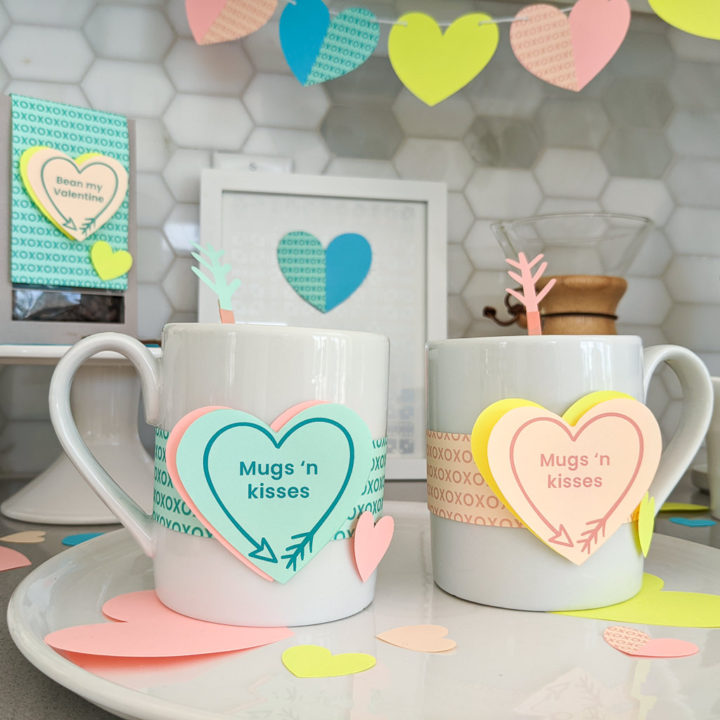 DIY coffee station with heart coffee puns for Valentine's Day