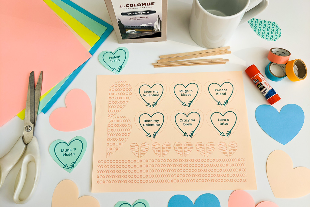 Coffee puns free printable hearts for Valentine's Day cards and gifts