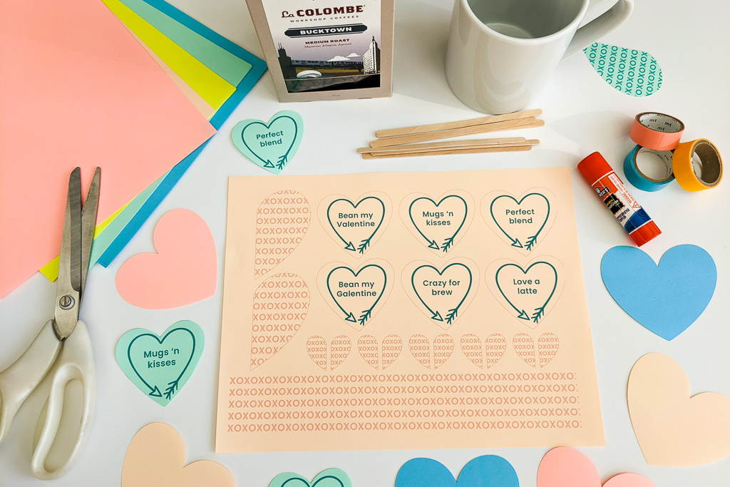 Coffee puns free printable hearts for Valentine's Day cards, gifts and coffee bars