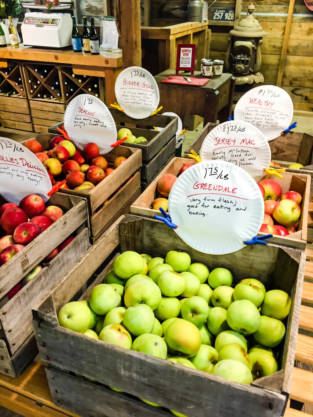 Apple varieties in crates at Brightonwoods Apple Orchard