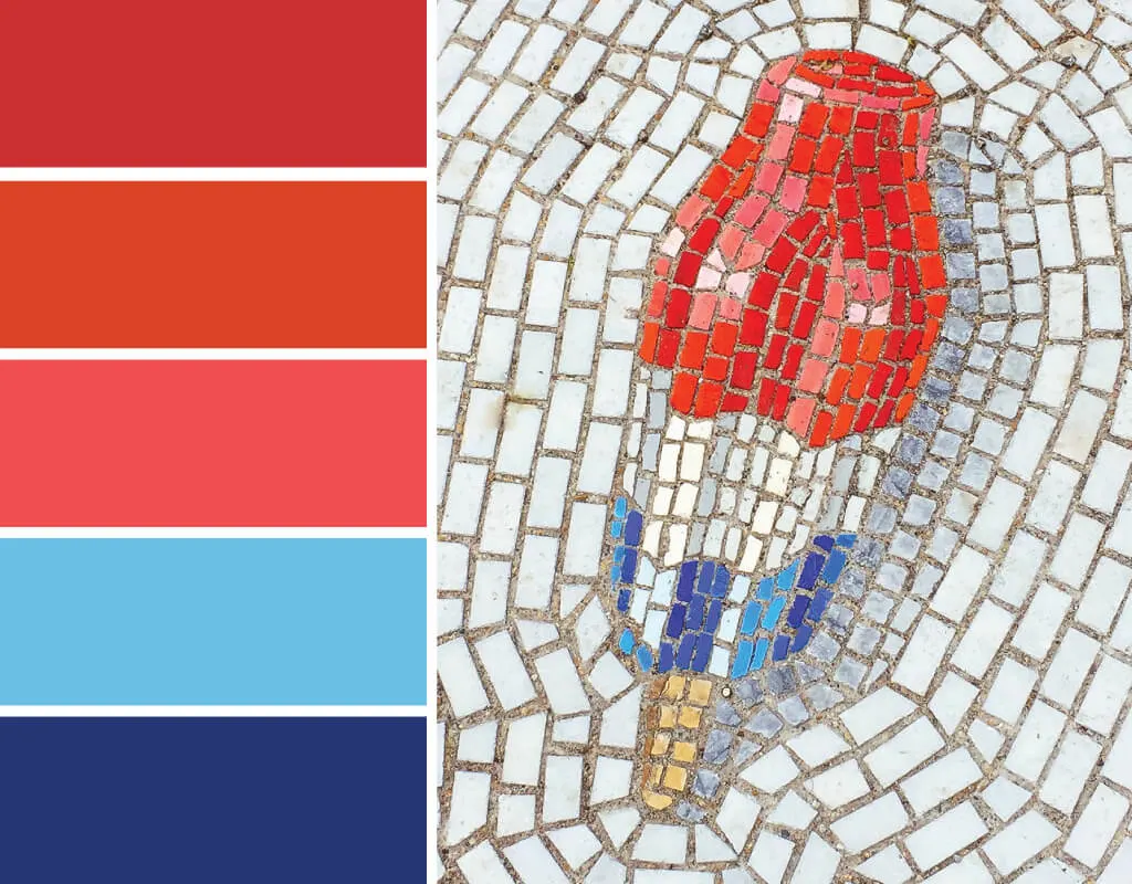 Summer color palette inspiration: Bomb Pops. Try this summer-inspired color palette on Fourth of July decorations, cards, scrapbooking, summer wedding color palettes, birthday parties and more (pothole art by Jim Bachor) #Colorize #ABColorPalette #ad