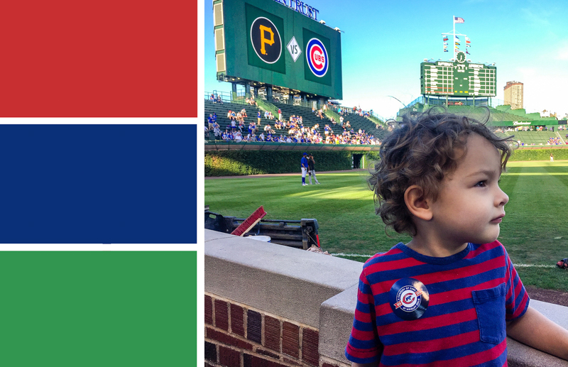 'Cubs Baseball Game at Wrigley Field' color palette inspiration. Try this blue, red and green color palette on your paper crafts, scrapbooks, seasonal wreaths, handmade cards, wedding colors, birthday parties and more #Colorize #ABColorPalette