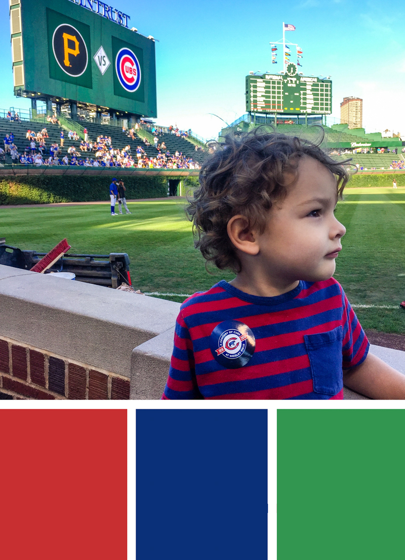 'Cubs Baseball Game at Wrigley Field' color palette inspiration. Try this blue, red and green color palette on your paper crafts, scrapbooks, seasonal wreaths, handmade cards, wedding colors, birthday parties and more #Colorize #ABColorPalette