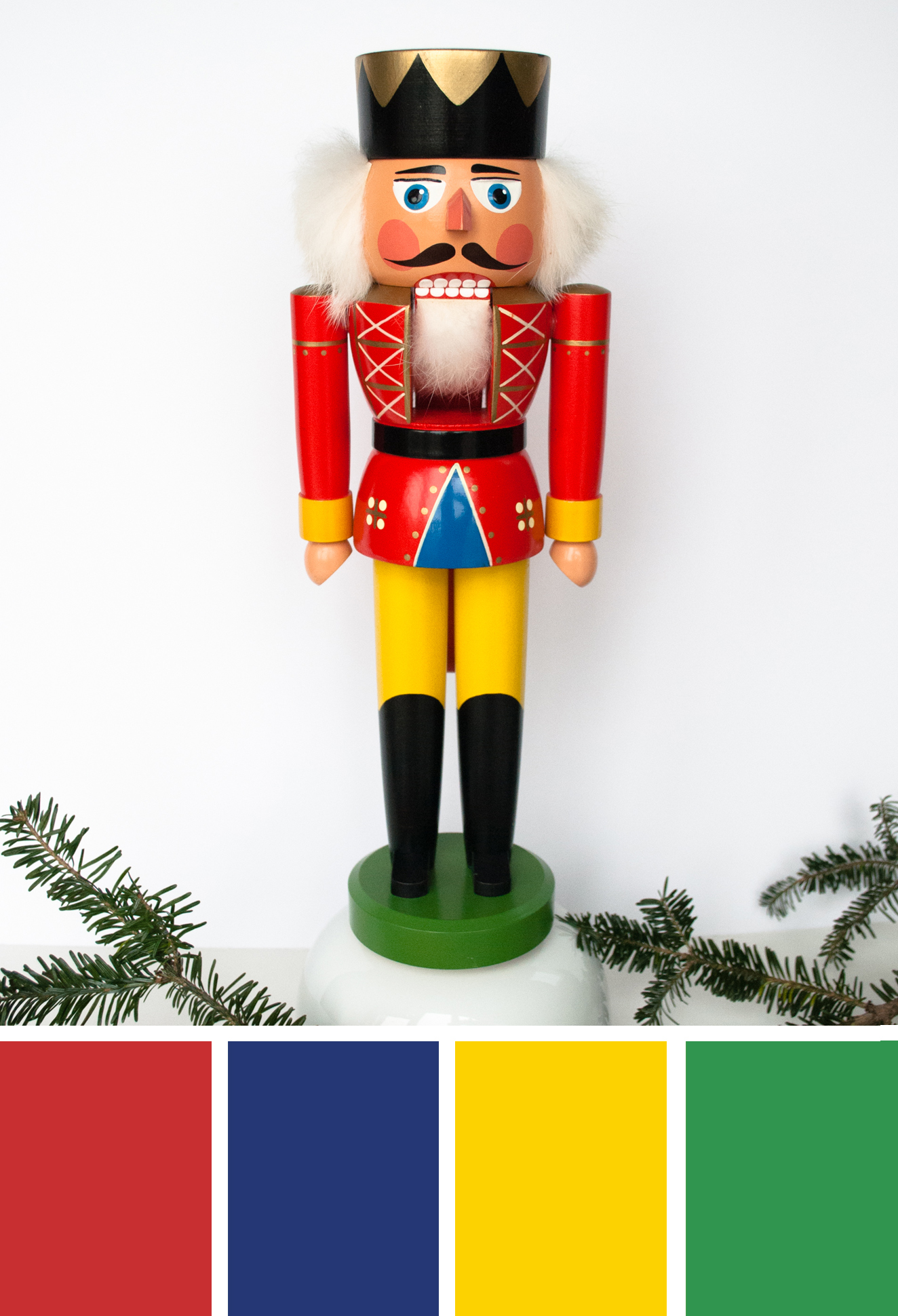 'Nutcracker color palette inspiration. Try this red, green, blue and yellow color palette on your holiday paper crafts, winter wreaths, Christmas table decor, Christmas decorations, Christmas ornaments and more #Colorize #ABColorPalette