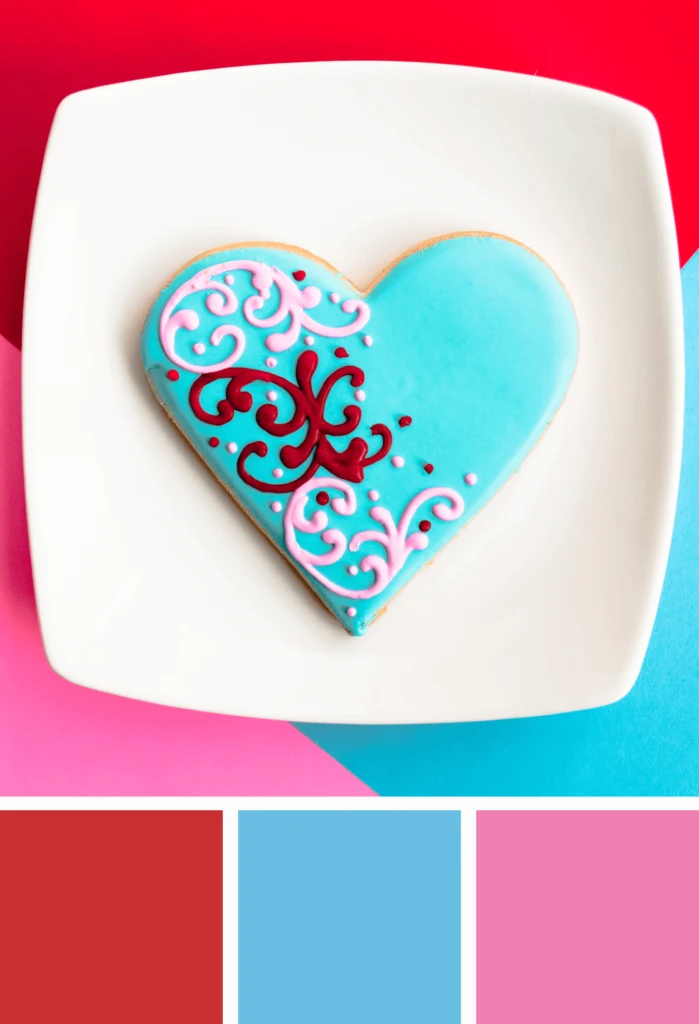 Color palette inspiration: Valentine Heart Cookies. Try this light blue, red and pink color palette on your DIY Valentine's Day Valentines, home decor, heart wreaths, and more #Colorize #ABColorPalette #ad