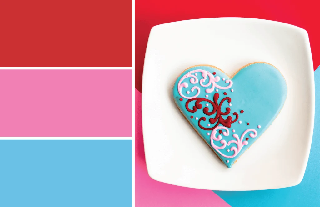 Color palette inspiration: Valentine Heart Cookies. Try this light blue, red and pink color palette on your DIY Valentine's Day Valentines, home decor, heart wreaths, and more #Colorize #ABColorPalette #ad