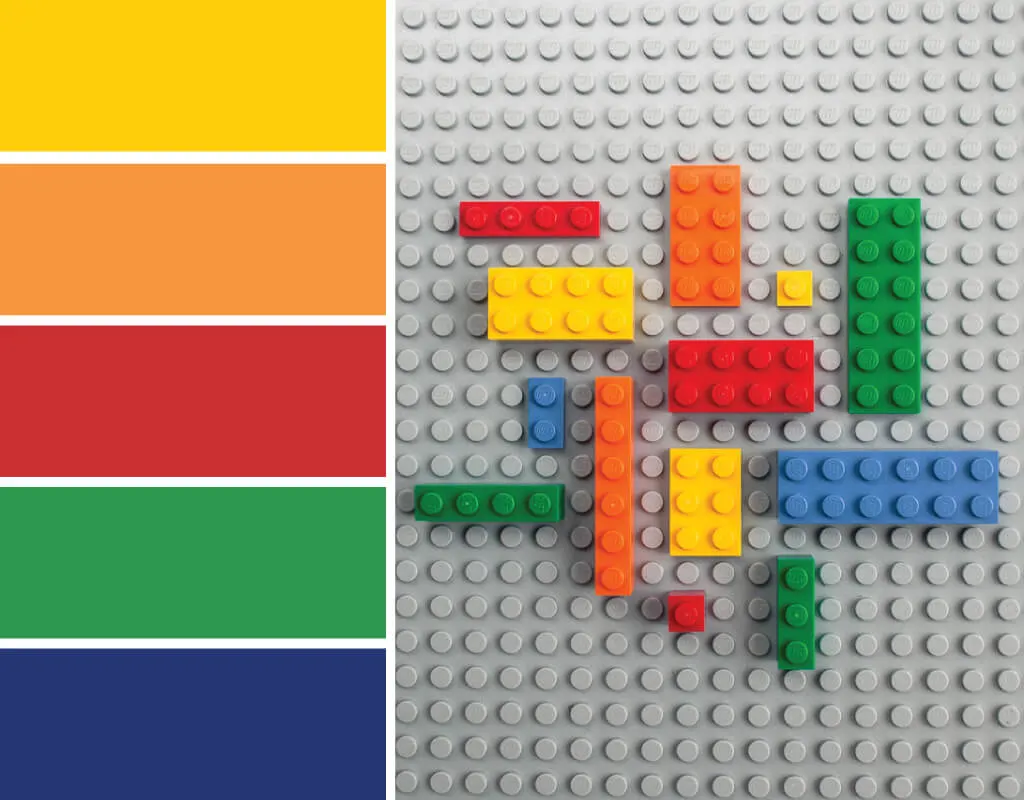 Color inspiration: LEGO® Bricks. Try this LEGO-inspired color palette on cards for kids, scrapbooking, LEGO birthday parties and more #Colorize #ABColorPalette #ad