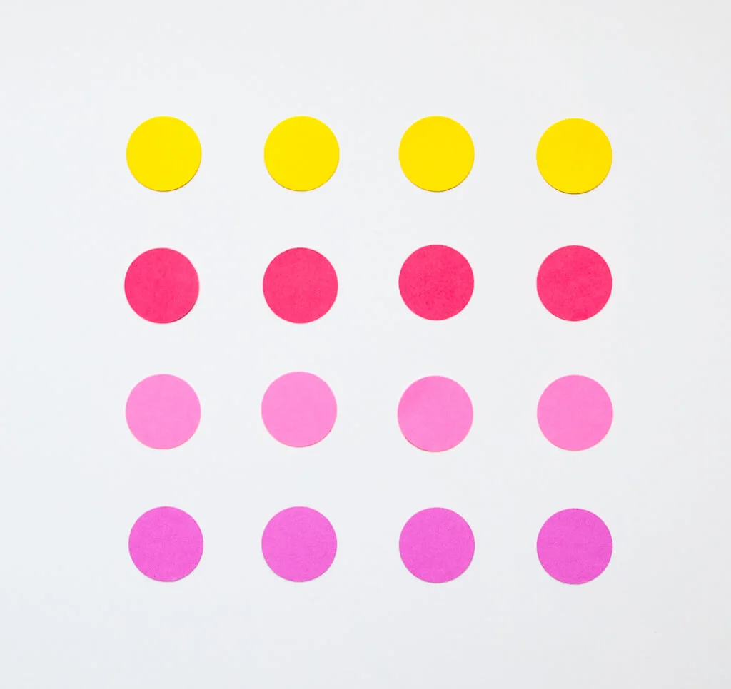 Yellow, pink, pink and purple color palette