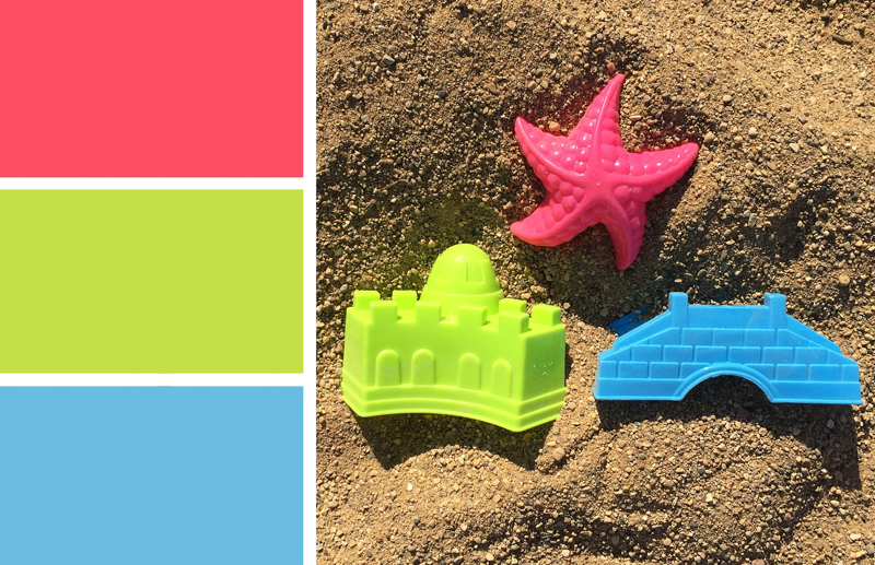 'Beach toys' color palette inspiration. Try this summer-y pink, blue and green color palette on your paper crafts, scrapbooks, seasonal wreaths, handmade cards, weddings, birthday parties and more #Colorize #ABColorPalette