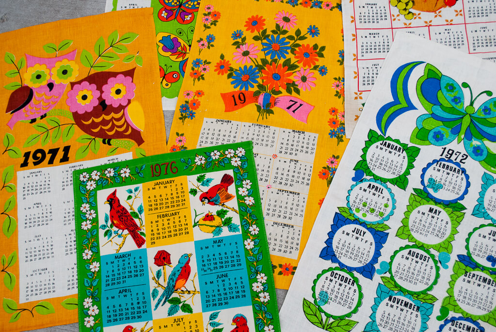 Vintage linen fabric calendars from the 1970s and 1980s
