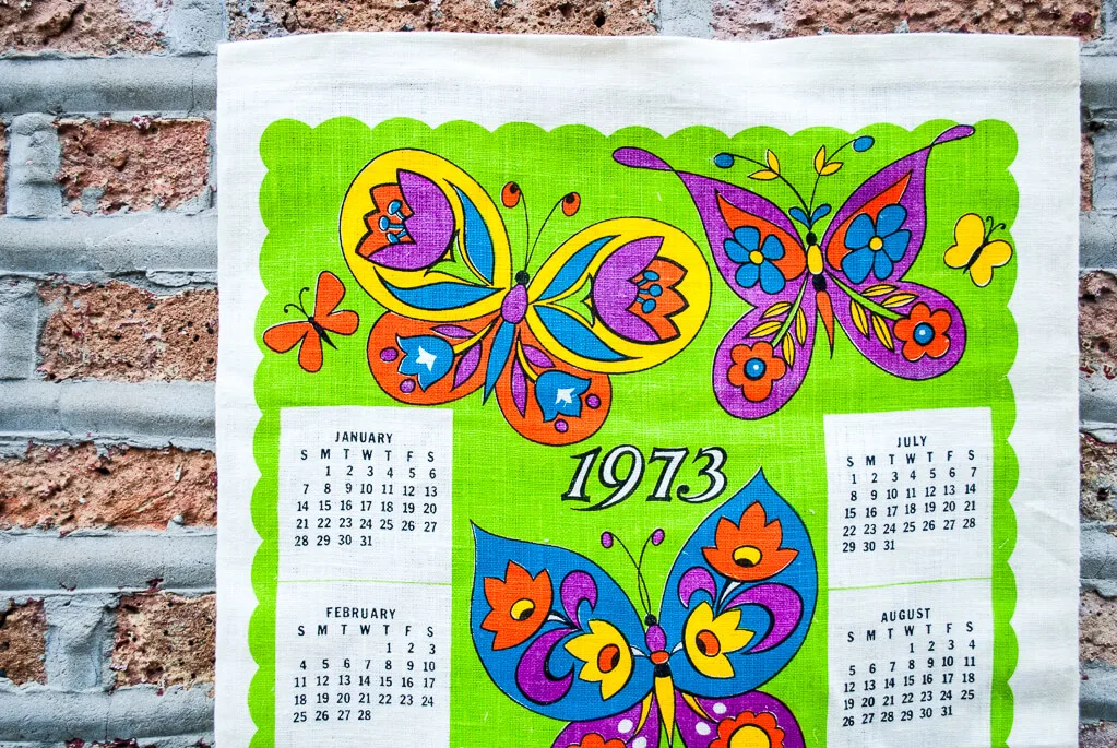 Butterflies vintage linen fabric calendars from 1973