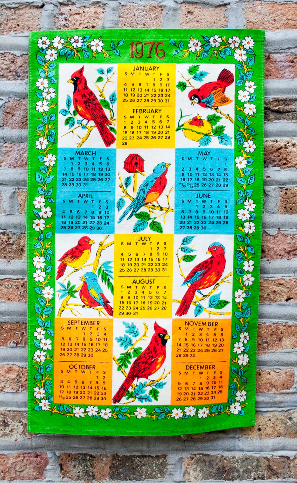 Birds vintage linen fabric calendars from 1976
