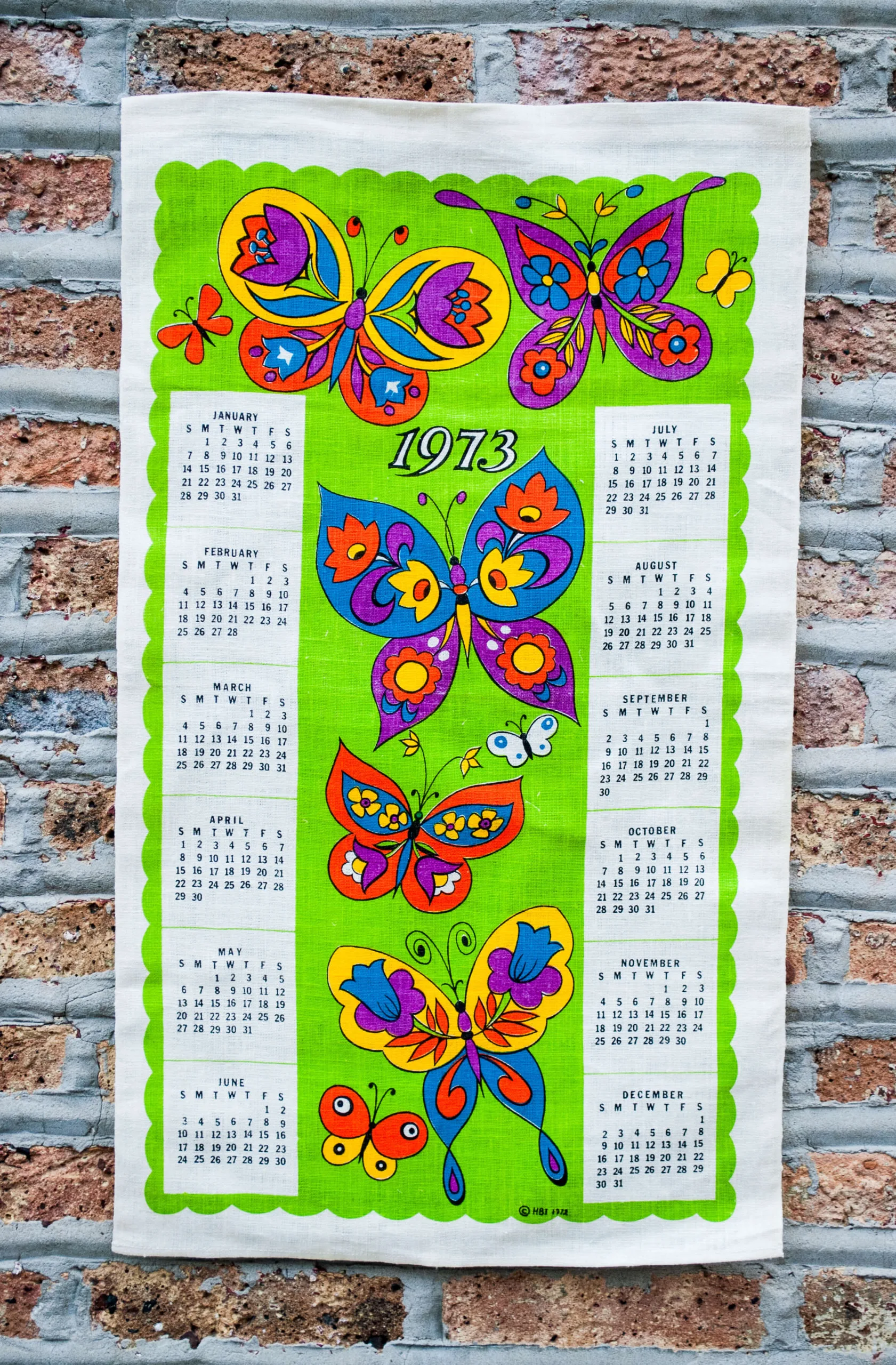 Butterflies vintage linen fabric calendars from 1973