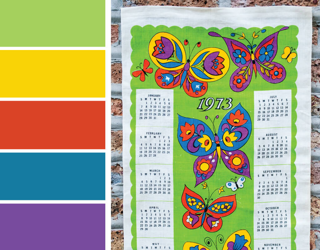 Bright color palette inspired by vintage linen calendar tea towels. Try this bright green, yellow, orange, blue and purple color palette on seasonal wreaths, handmade paper cards, party decorations and more #Colorize #ABColorPalette #ad #colorpalette #colors
