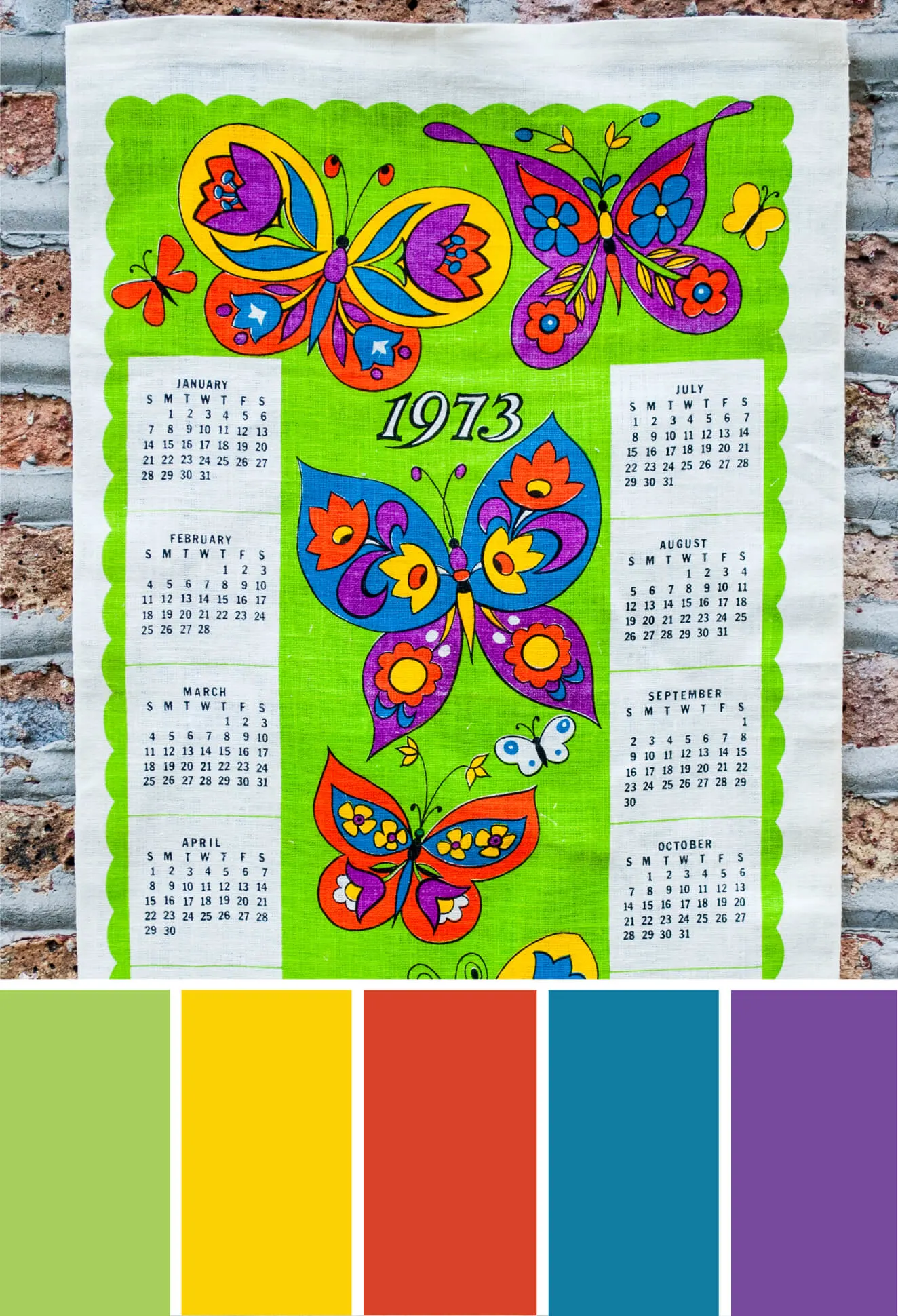 Bright color palette inspired by vintage linen calendars tea towels. Try this bright green, yellow, orange, blue and purple color palette on seasonal wreaths, handmade paper cards, party decorations and more #Colorize #ABColorPalette #ad #colorpalette #colors