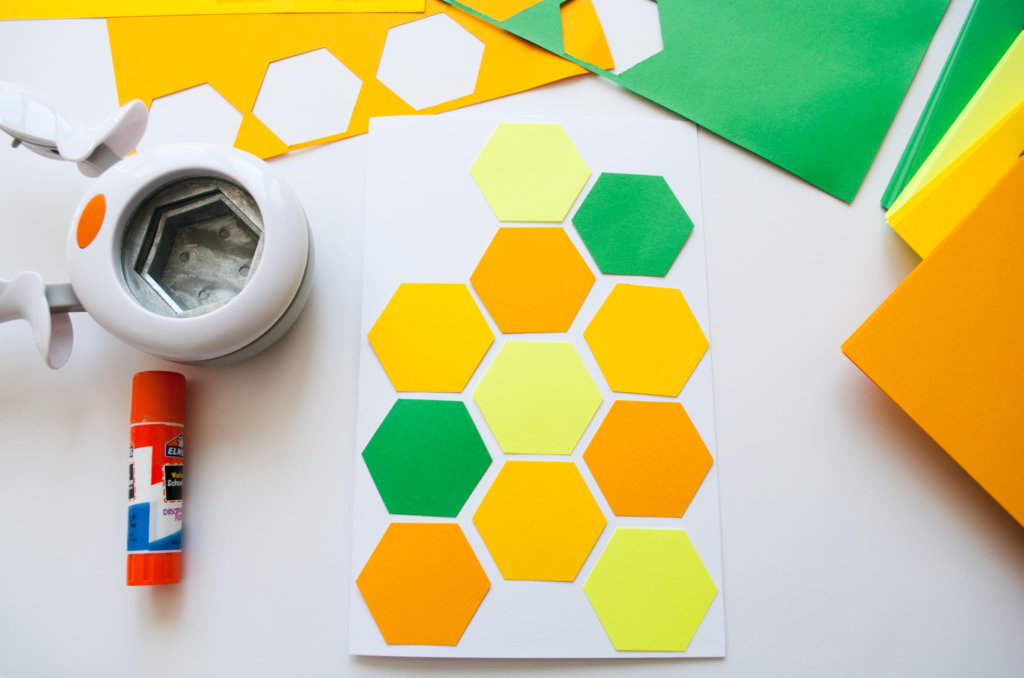 DIY hexagon card using green and three shades of yellow