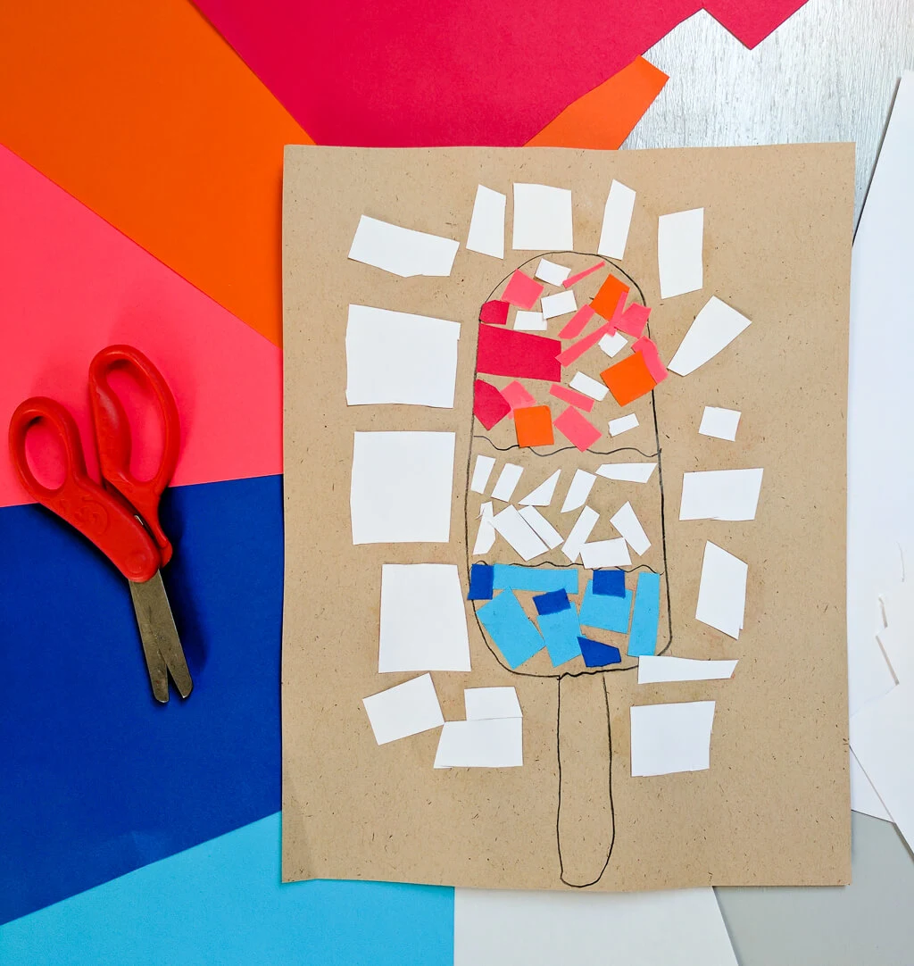 Kid's summer art activity: Make cut paper mosaic paper artwork in the shape of Bomb Pop popsicle treats - idea inspired by Jim Bachor's mosaic art and Mrs. Riley's Art Class in Rhode Island #ad
