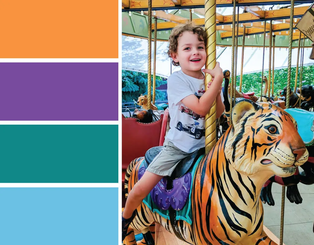 Carousel animals color palette inspiration - Try this summer-inspired color palette for summer parties, cards, scrapbooking, summer wedding color palettes, birthday parties and more #Colorize #ABColorPalette #ad