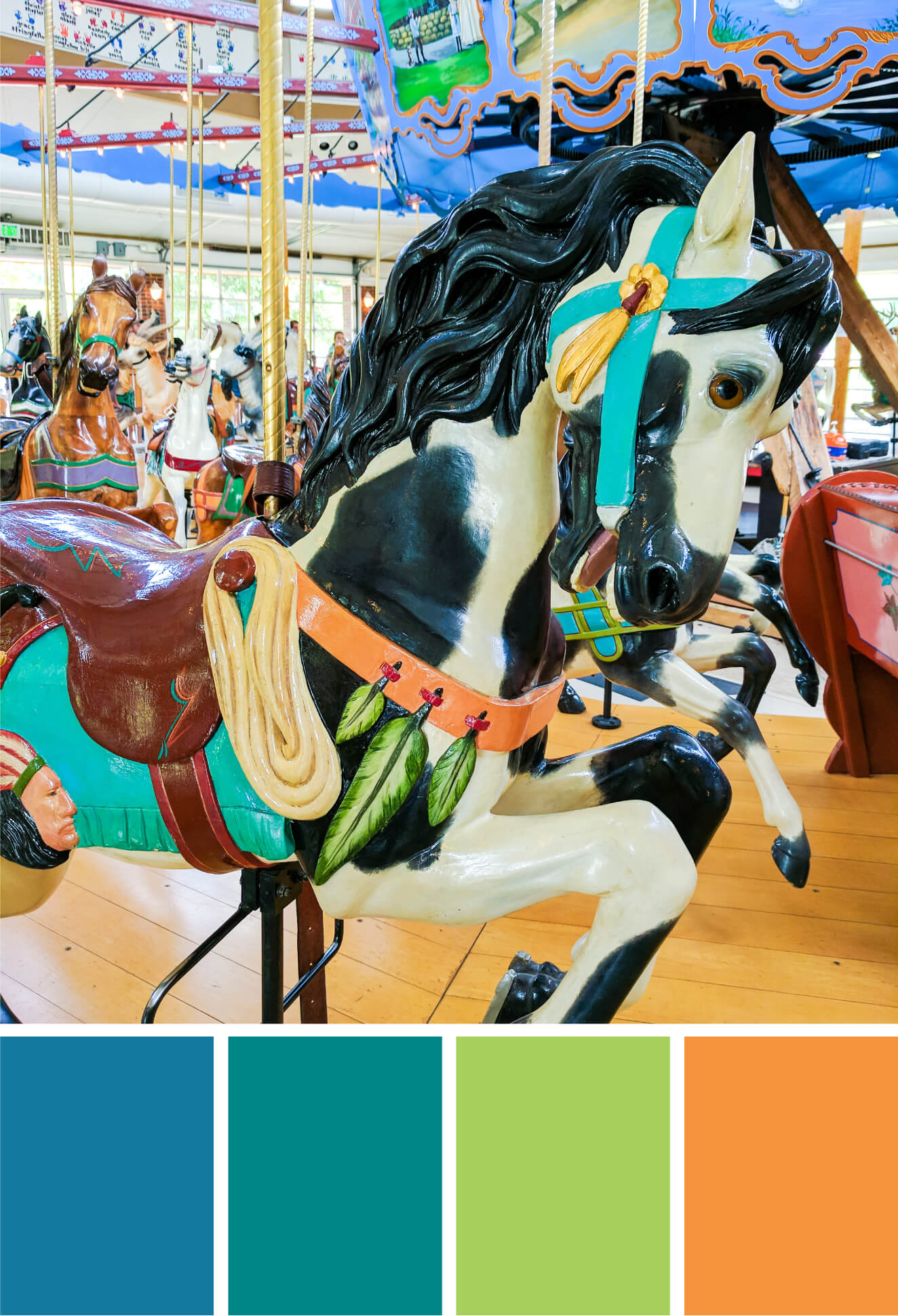 Carousel animals color palette. Try this summer-inspired orange, green, turquoise and blue color palette for summer parties, cards, scrapbooking, summer wedding color palettes, birthday parties and more #Colorize #ABColorPalette #ad