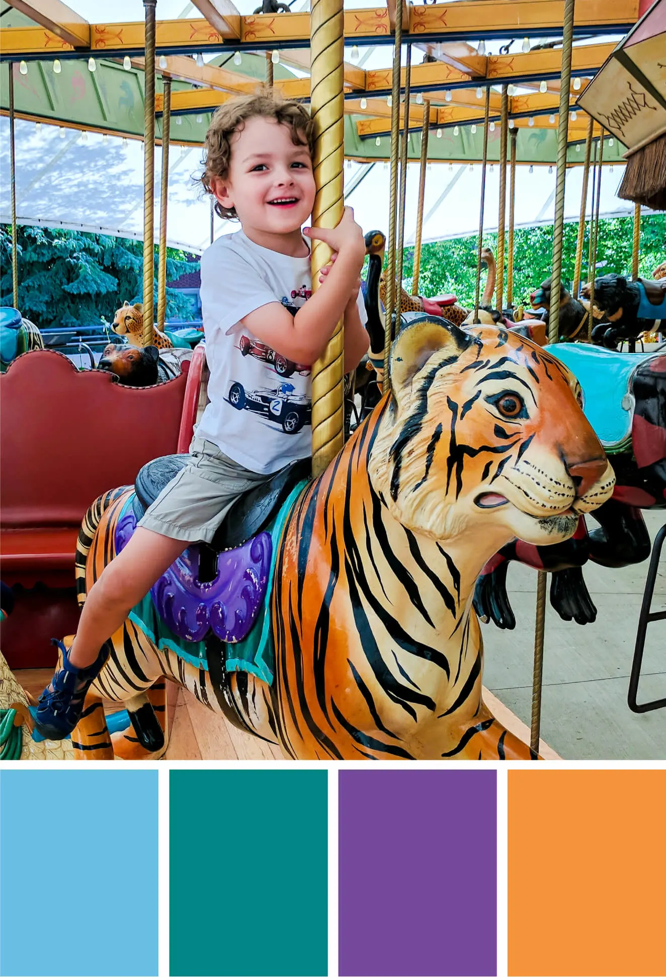 Carousel animals color palette inspiration - Try this summer-inspired color palette for summer parties, cards, scrapbooking, summer wedding color palettes, birthday parties and more #Colorize #ABColorPalette #ad