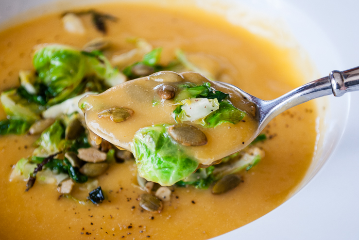 Creamy Cauliflower Soup Recipe with Brussels Sprouts (and no dairy) @merrimentdesign