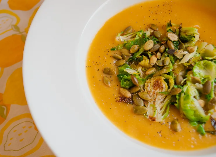 Creamy Cauliflower Soup Recipe with Brussels Sprouts (and no dairy) @merrimentdesign