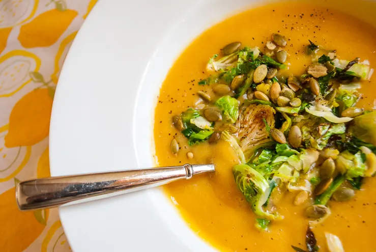 Creamy Cauliflower Soup Recipe with Brussels Sprouts (and no dairy) @merrimentdesign