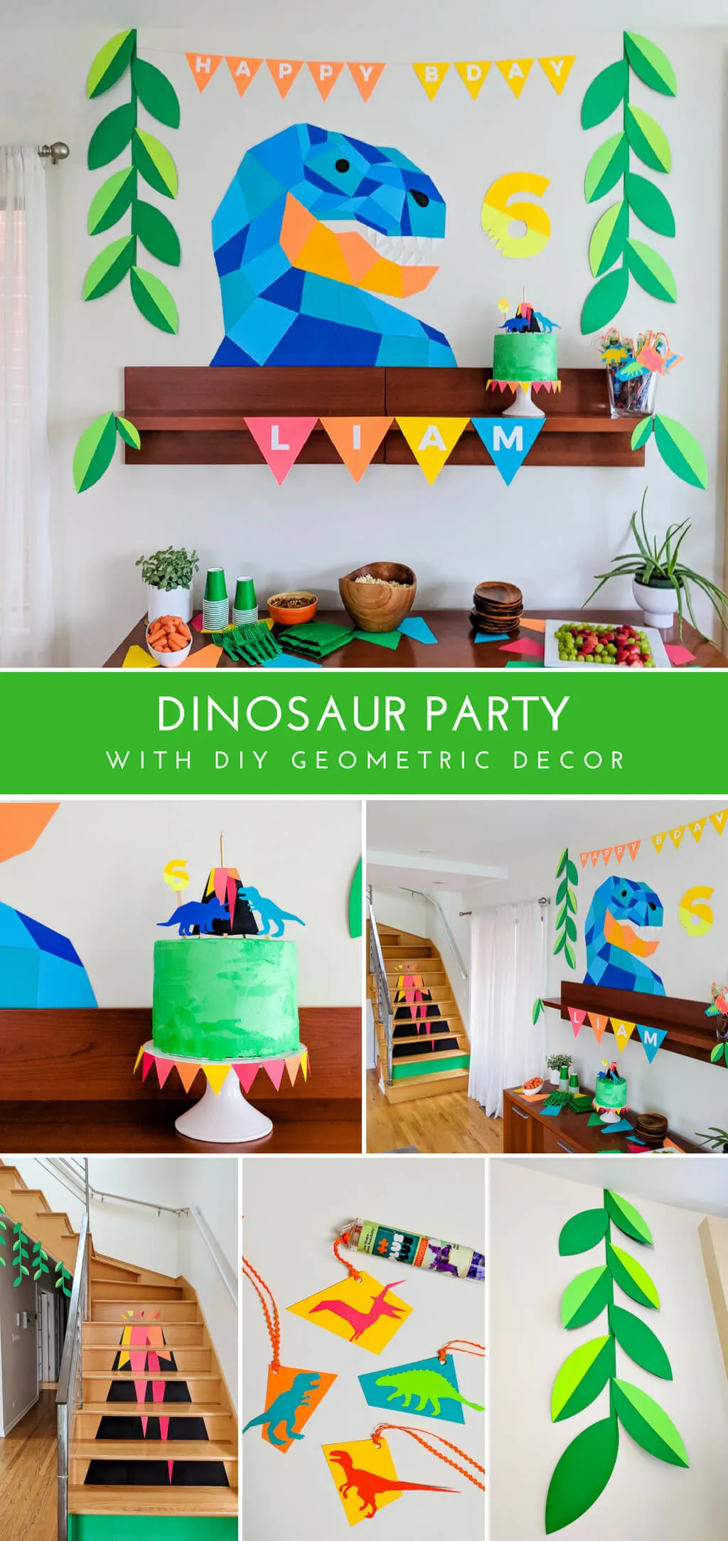 DIY geometric dinosaur birthday party decor, favors and cake
