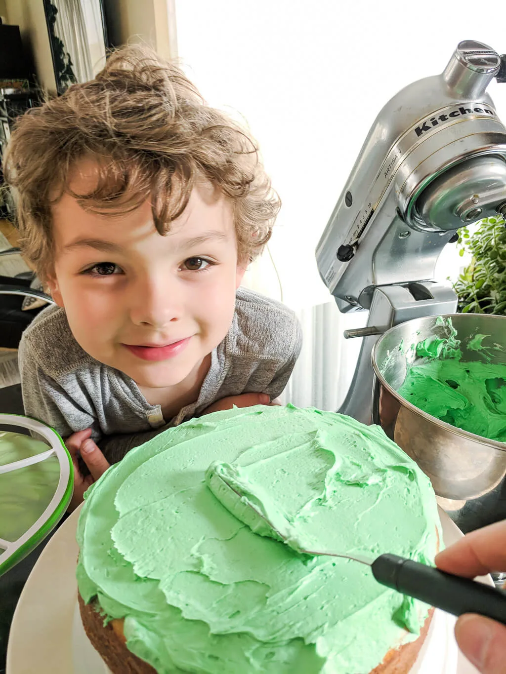 Icing a dinosaur cake with buttercream frosting. Copyright Merriment Design Co. Do not use photo without written permission.