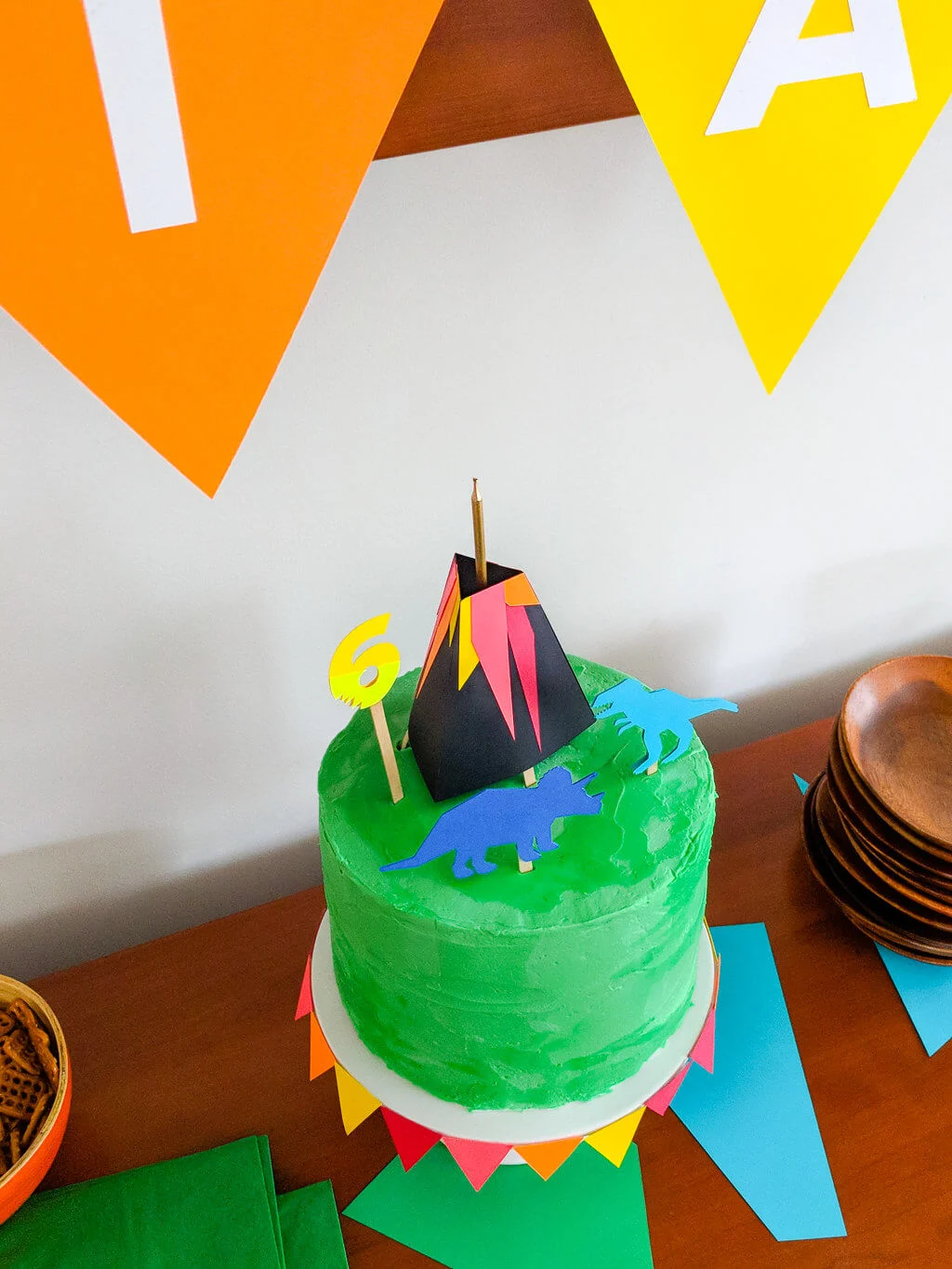 Easy DIY dinosaur cake with volcano topper