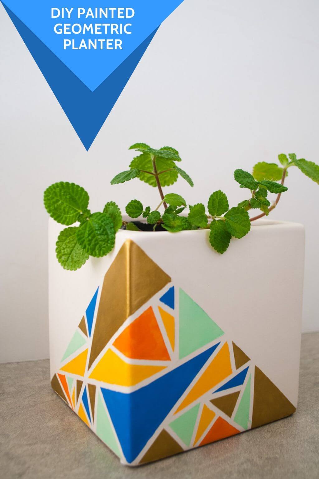 Mini hand Stencilled Ceramic Pot Planter Blue Square Art Deco Geometric Pattern