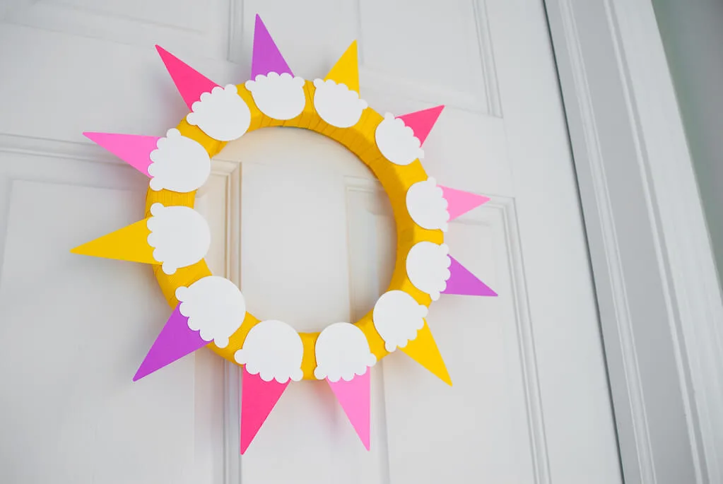 Pretty sunshine front door wreath made out of ice cream cone scoops