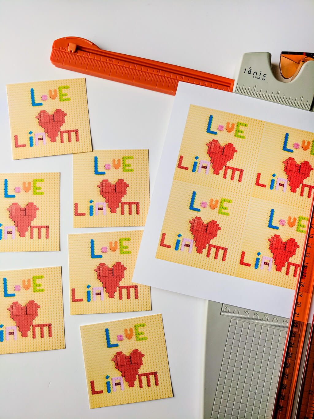 Cutting out printable classroom LEGO valentines