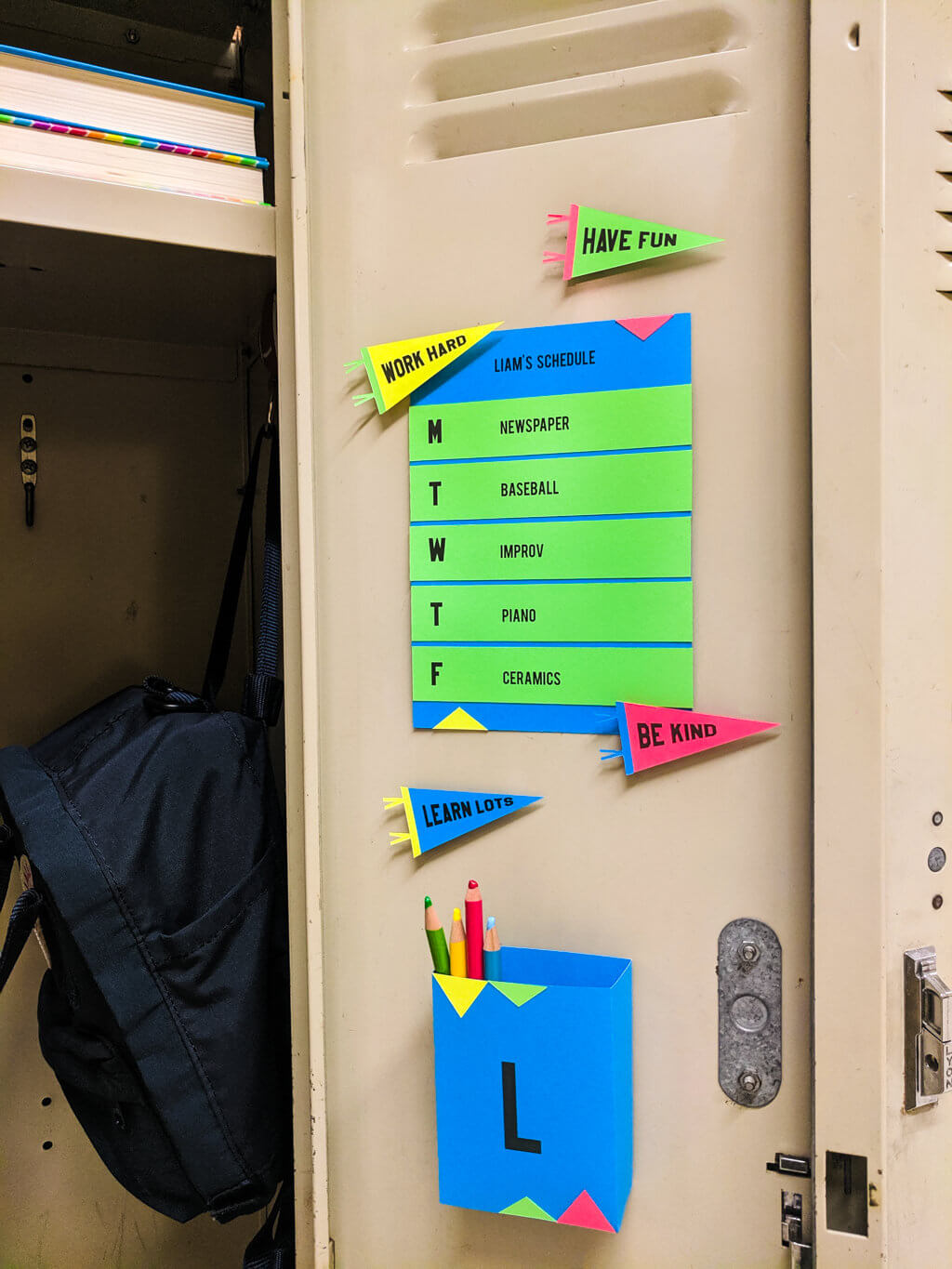 DIY locker decorations inside a school locker