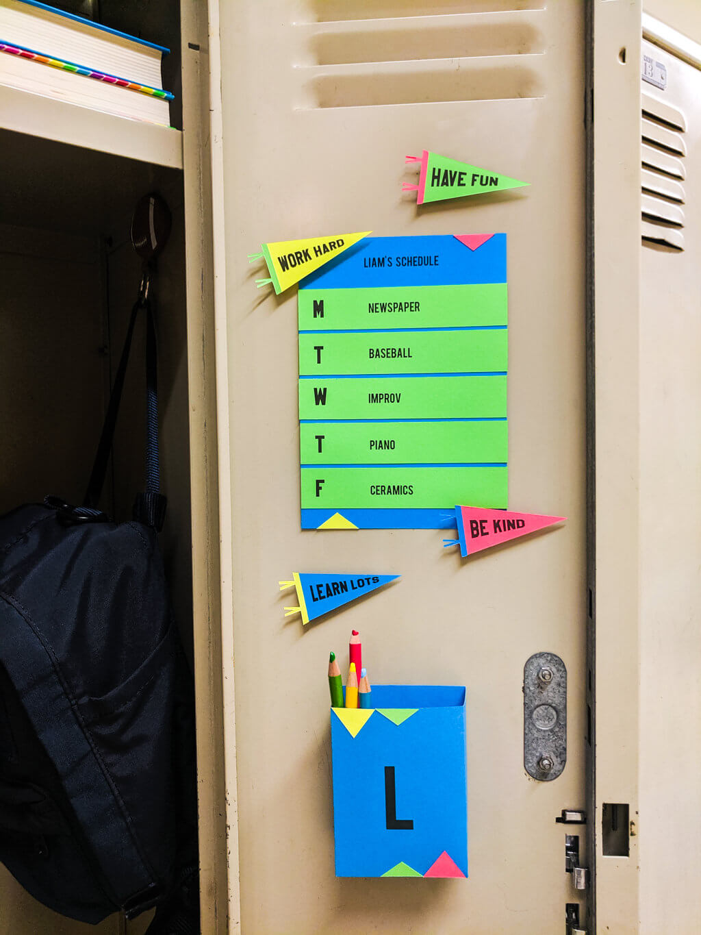 DIY locker decorations inside a school locker