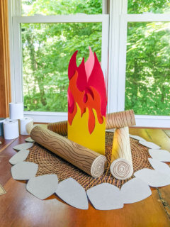 DIY s'mores campfire pretend play set made from paper and upcycled cardboard paper tubes