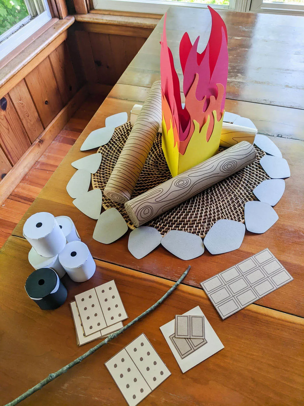 DIY pretend campfire play set with s'mores free printable