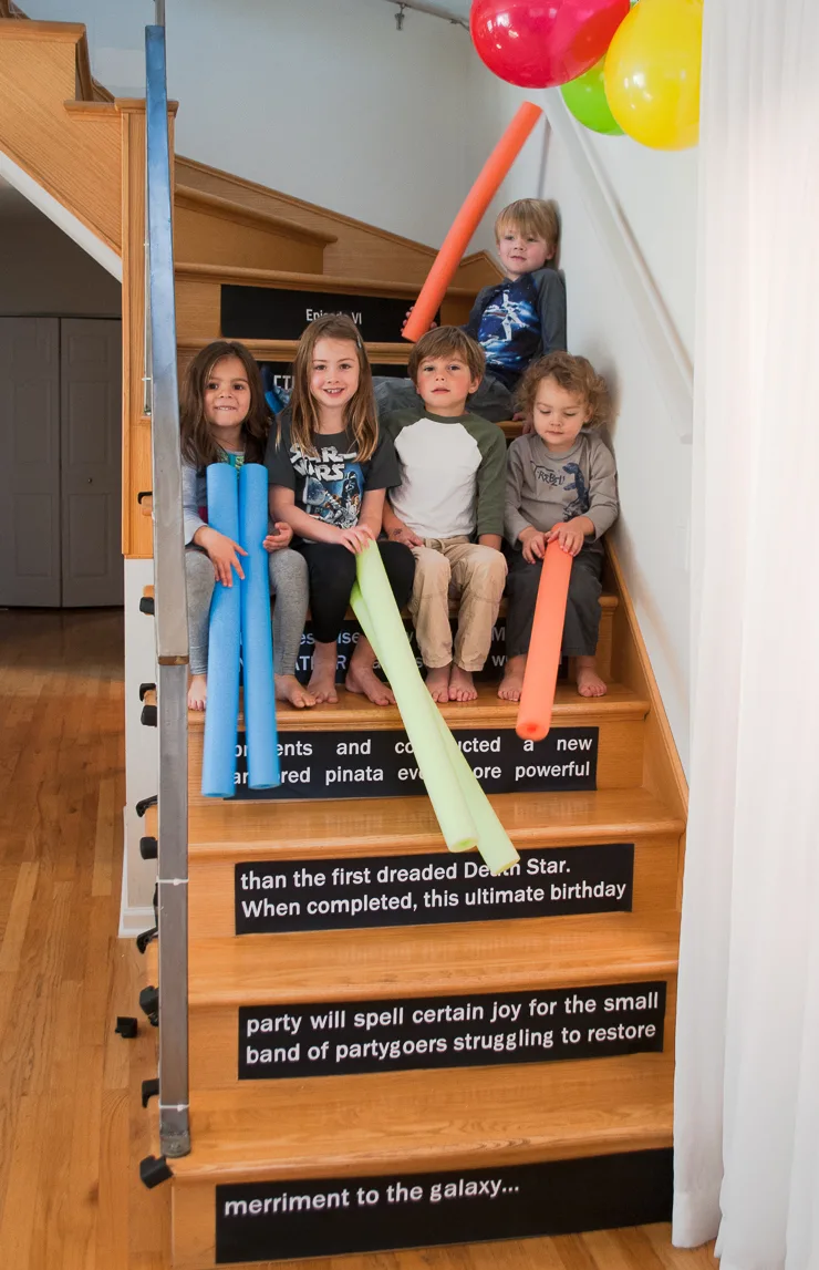 DIY Star Wars opening crawl on stair risers - easy printable Star Wars birthday party decoration