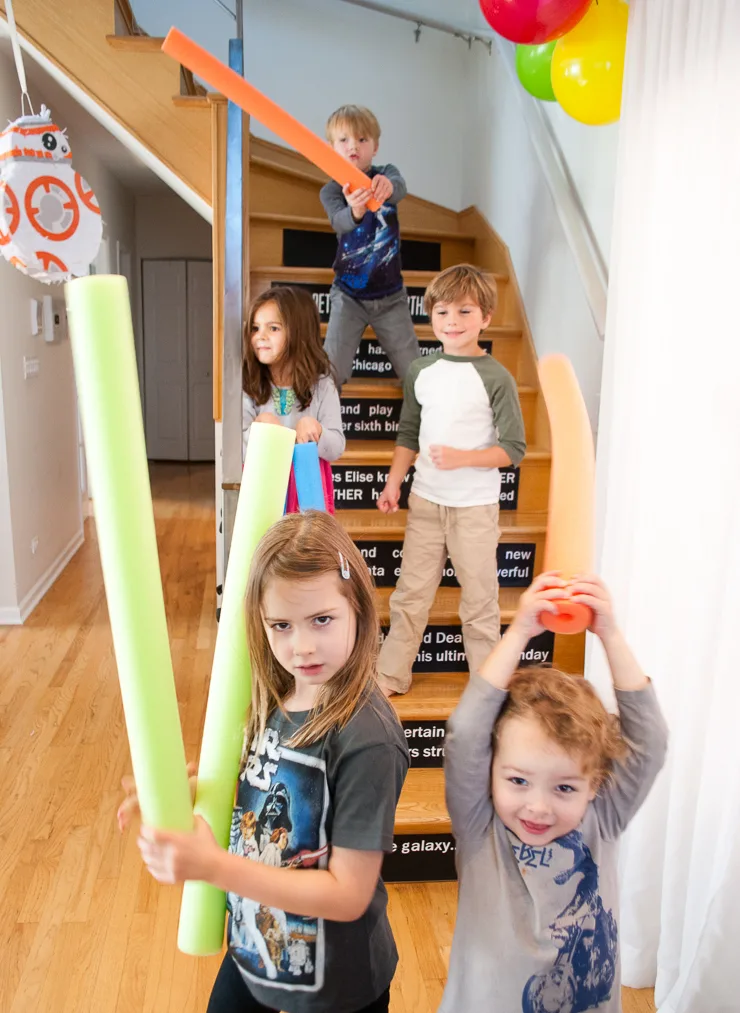 DIY Star Wars opening crawl on stair risers - easy printable Star Wars birthday party decoration