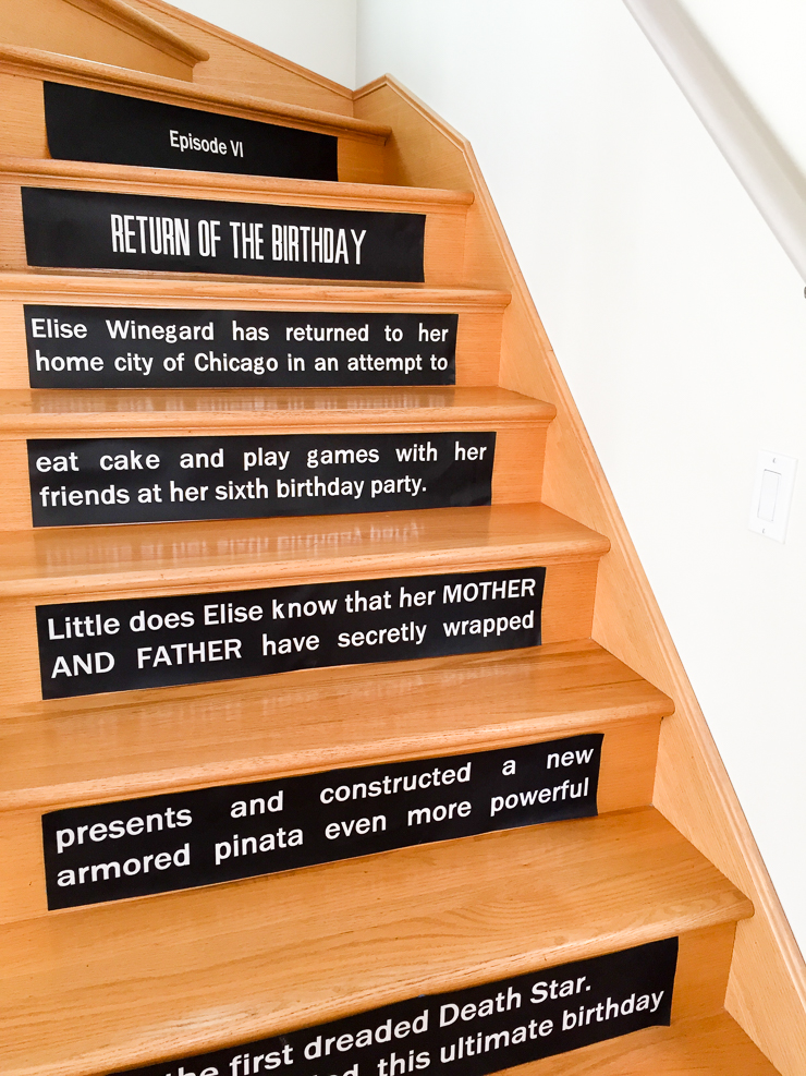 DIY Star Wars opening crawl on stair risers - easy printable Star Wars birthday party decoration
