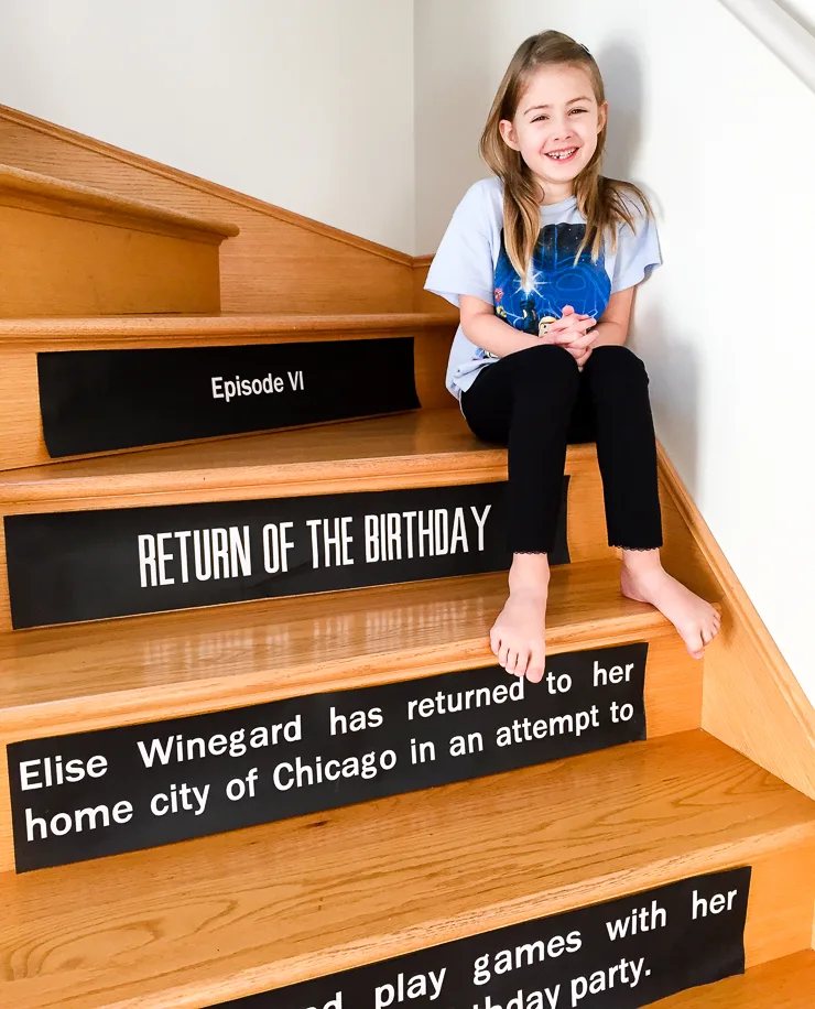 DIY Star Wars opening crawl on stair risers - easy printable Star Wars birthday party decoration