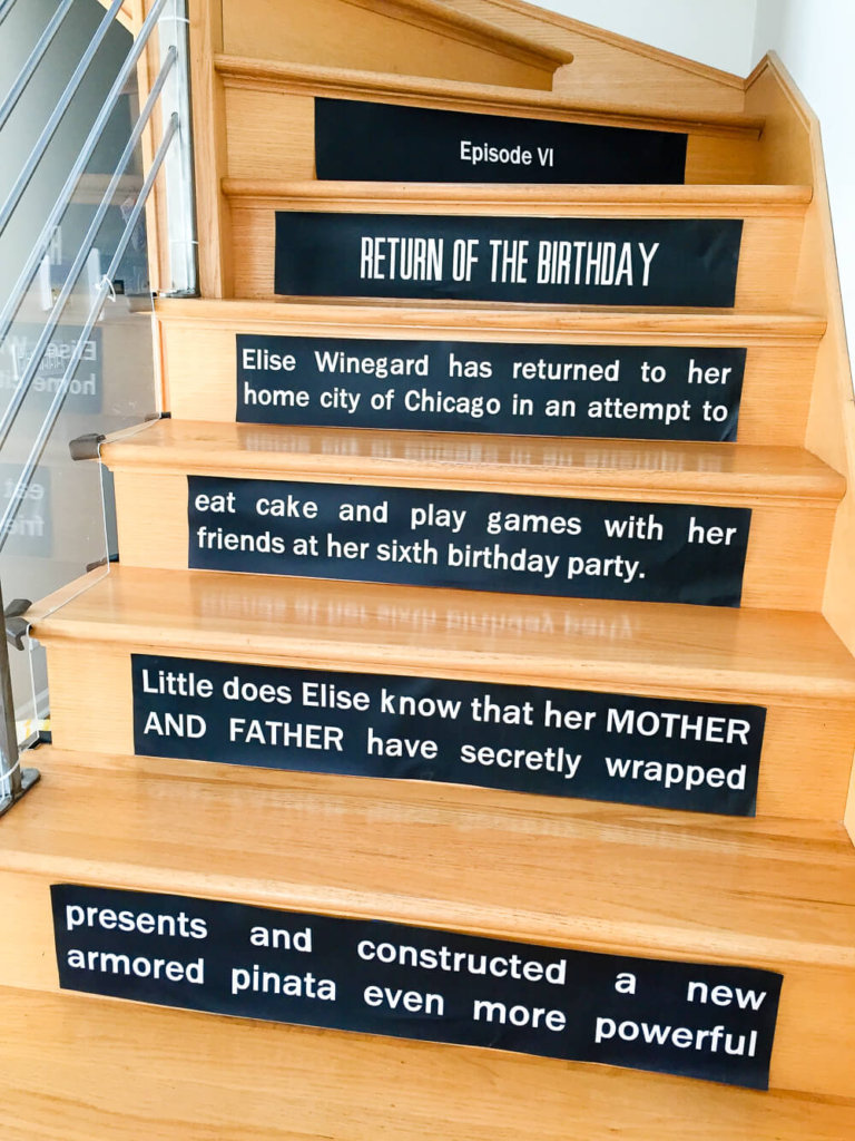 Make a DIY Star Wars opening crawl on stair risers - what a great idea! This printable is quick and easy to personalize and print for a Star Wars birthday party. Yub Nub!
