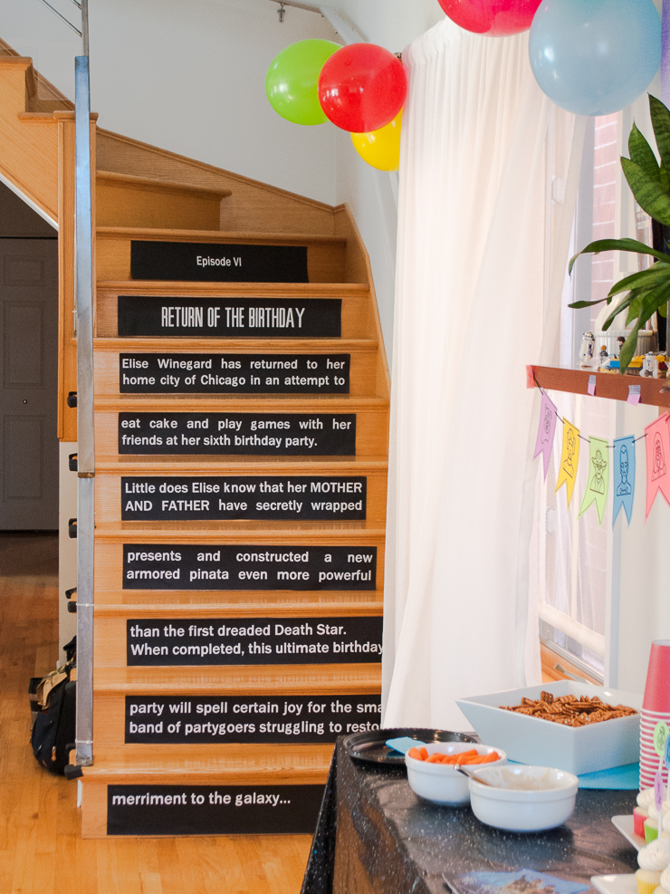 DIY Star Wars opening crawl on stair risers - easy printable Star Wars birthday party decoration