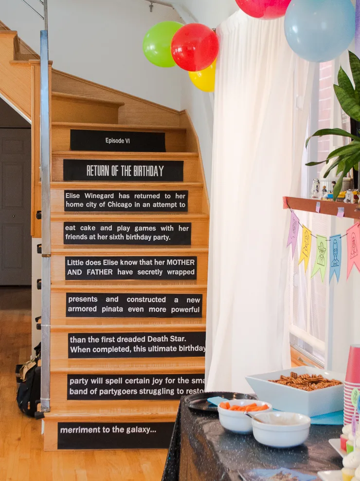 DIY Star Wars opening crawl on stair risers - easy printable Star Wars birthday party decoration