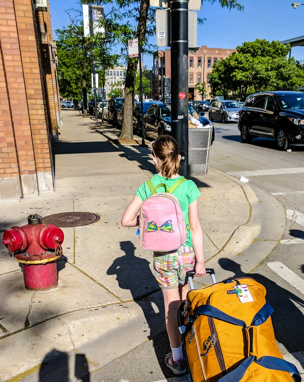 On the way to the bus to go to summer camp