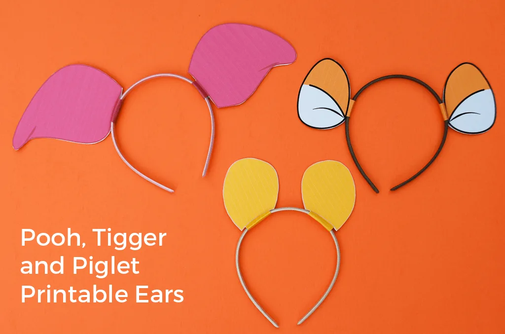 Make a DIY Winnie The Pooh headband using these free printable Winnie The Pooh ears for your own Hundred Acre Woods celebration. Free printable Tigger ears | Free printable Winnie the Pooh ears | Free printable Piglet ears | easy Halloween costumes | Winnie The Pooh DIY costume | Piglet DIY costume | Tigger DIY costume