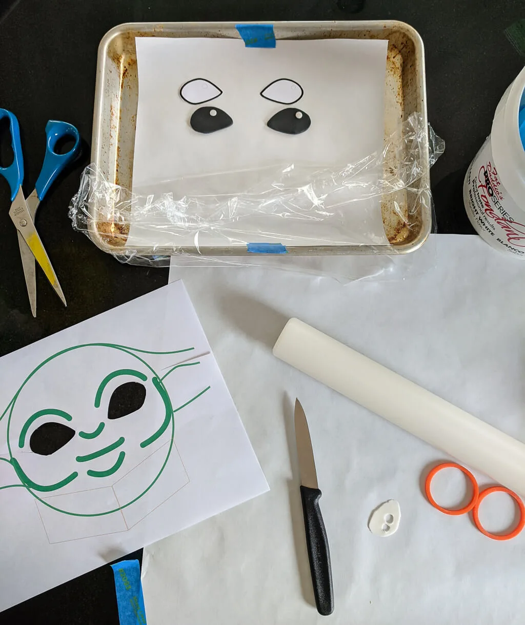 Fondant eyes and printable template for making a DIY Baby Yoda cake