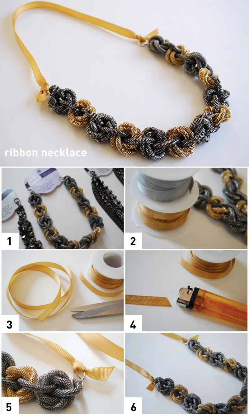 Easy 4 step DIY woven ribbon and chain necklace  Diy statement necklace,  Chain bracelet diy, Diy necklace