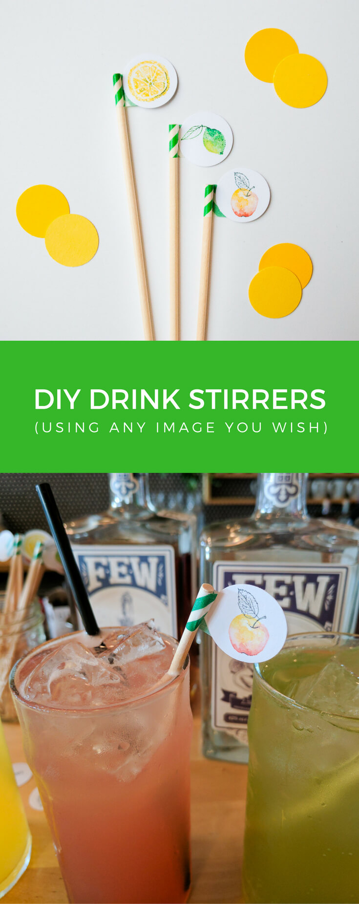 Easy DIY drink stirrers. Personalize them with your own image or words. Just print, punch, and attach to wood stirrers using washi tape. Make a whole bunch in just one night! #drinkstirrers #diy #spon