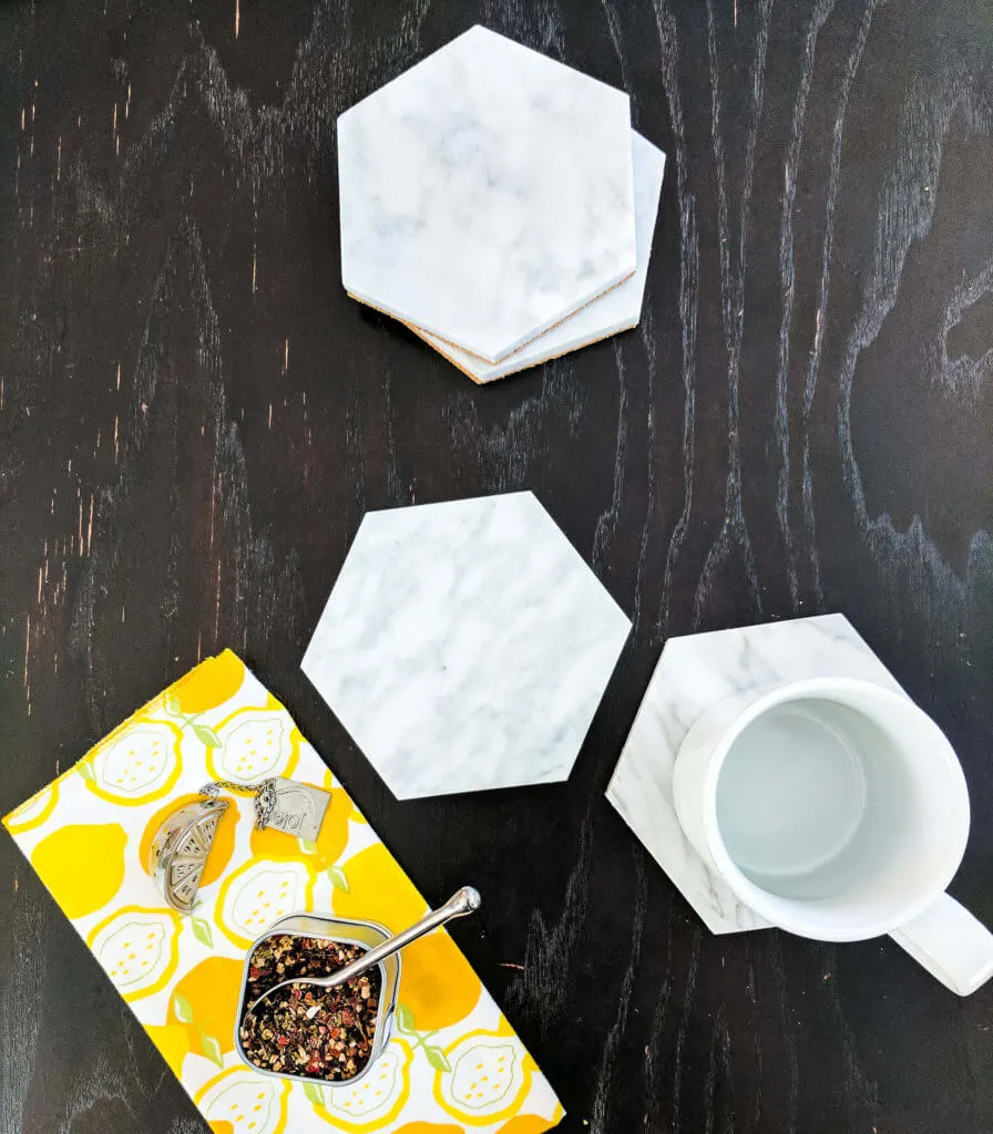 Easy DIY coasters using hexagon marble tiles